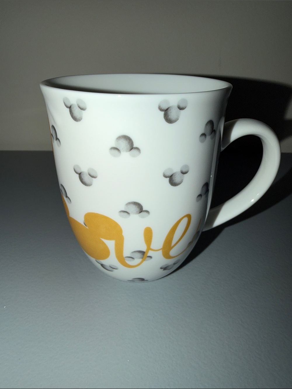 Disney White Mug with“LOVE”Gold Script and Gray Mickey Pattern-90 Years of Magic